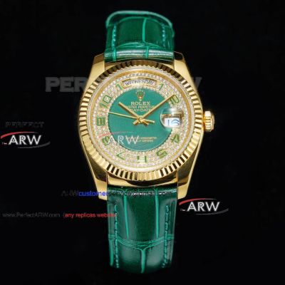 Swiss Replica Rolex Day Date 36mm Iced Out Yellow Gold Green Strap Watch 